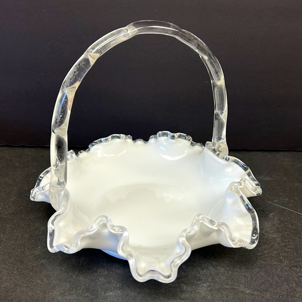Vintage early unmarked FENTON “silver crest” milk glass brides basket